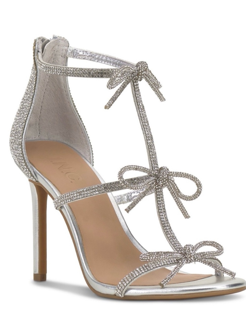 INC International Concepts Silver Crystal Bow T-Strap Stiletto Sandal